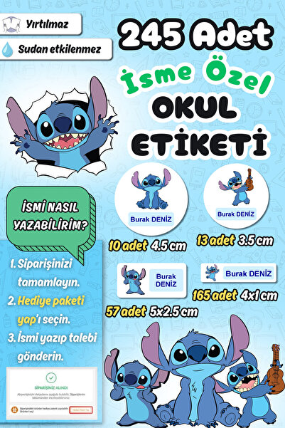 Sticker Ekspres Okul Etiketi Mavi Stitch Kalem Defter Etiketi Özel İsim Yazıl...