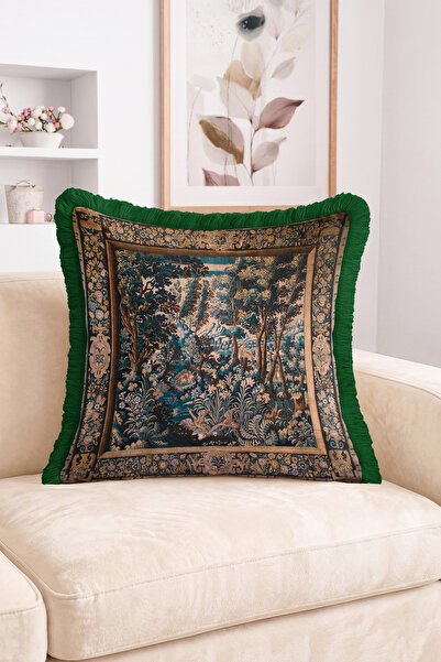 Realhomes Tapestry Forest Scenery and Floral Border Pattern Green Fringed Thr...