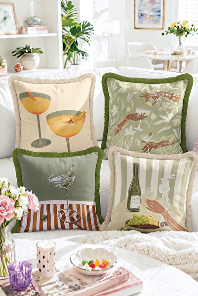 Realhomes Cocktail Glass, Wine Bottle, and Hand-Illustrated Set of 4 Fringed ...