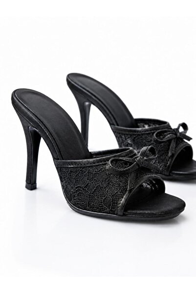 softoria shoes حذاء نسائي أسود شبكي مطرز بكعب عالٍ للسهرات
