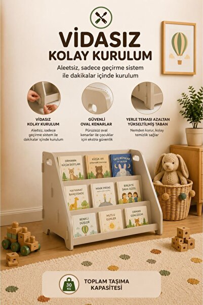 Babylike Vidasız Montessori Çocuk Kitaplığı – Kum Beji 3 Raflı Kolay Kuruluml...