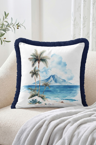 Realhomes Fringed Throw Pillow Cover with Palm Tree, Sea and Island View Wate...