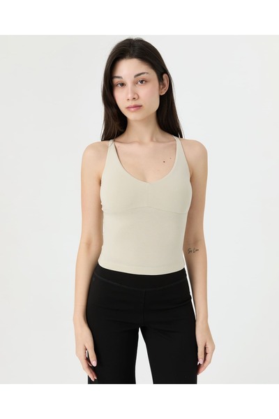 Ayma Active Cream Ecovero ™ V-Neck Longline Bralet with Viscose Breast Pads a...