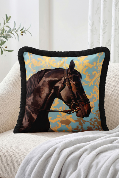 Realhomes Black Horse Head Figured Cushion Cover with Gold Baroque Pattern on...