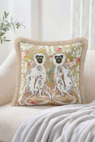 Realhomes Beige Fringed Throw Pillow Cover with Two Monkey Figures and Floral...
