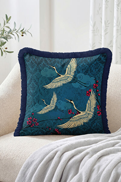 Realhomes Turna Bird and Cherry Blossom Patterned Navy Blue Floor Fringed Thr...