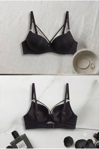 Lavint Homewear Black Half Push-Up Bra with Micro Silicone Bones and Straps