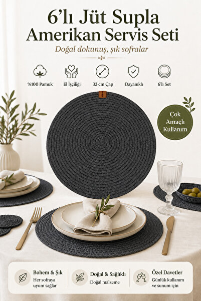Fabrix Home 6 Pieces Anthracite Jute Placemats / American Service Lux Present...