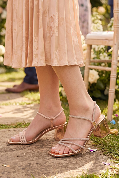 Arıcı Shoes Women's Stoned Short Heeled Bronze Evening Dress Shoes