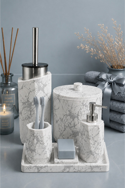 betonmall 8 Parça El Yapımı Beton Banyo Seti Mermer Desenli | Çöp Kovası, Fır...