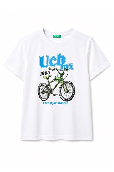 United Colors of Benetton Bebi dečak bela grafička majica sa biciklom, kratki...