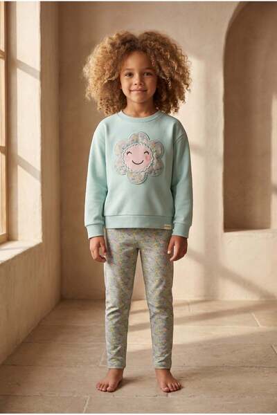 Katia&Bony Girl's Daisy Printed Pajama Set Turquoise