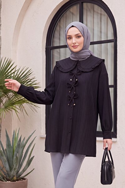 Modamorfo Buttoned Shirt with Ribbon Detail on the Front - Black