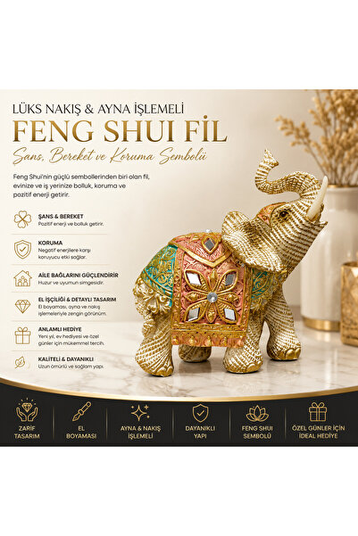 e-life shop Lüks Nakış İşlemeli Feng Shui Fil Heykeli Dekoratif Reçine Biblo ...