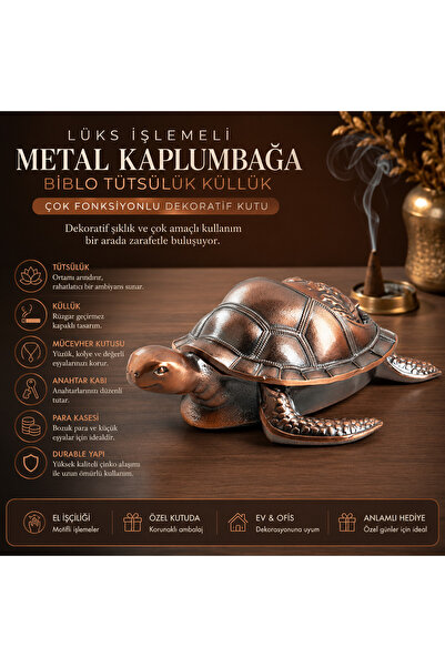 e-life shop Lüks İşlemeli Metal Kaplumbağa Biblo Tütsülük Rüzgar Geçirmez Kül...