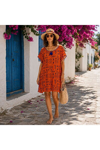 BIJUTERI Par-13018 Orange Tribal Patterned Muslin Beach Dress & Pareo |   Eos...