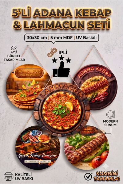 Nod 5'li Kebapçı ve Ocakbaşı Ahşap Duvar Tablosu Seti, Adana Kebap Lahmacun R...