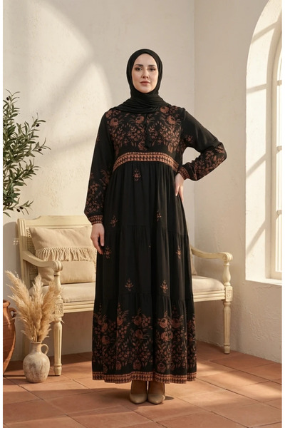 sefamerve Plus size floral patterned viscose dress 4084-03 black