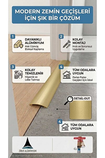 Zirve Alüminyum Alüminyum Sarı Eşik Profili 90 Cm'ye Kadar Özel Ölçü Kapı Alt...
