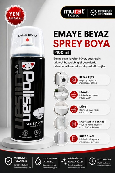 Polisan Emaye Beyaz Sprey Boya 400 ml | Beyaz Eşya, Lavabo, Küvet ve Duşakabi...