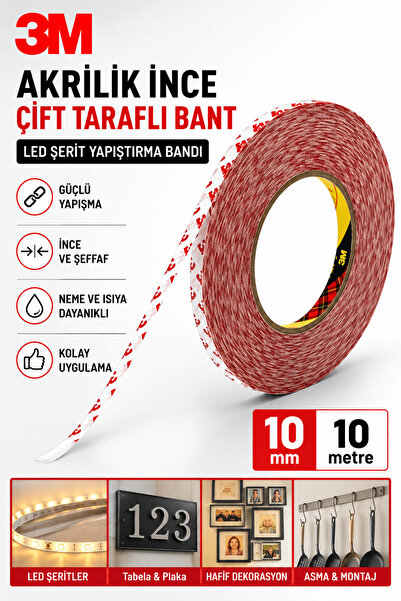 Dünya Magnet 3m Akrilik Ince Çift Taraflı Bant, Led Şerit Yapıştırma Bandı 10...
