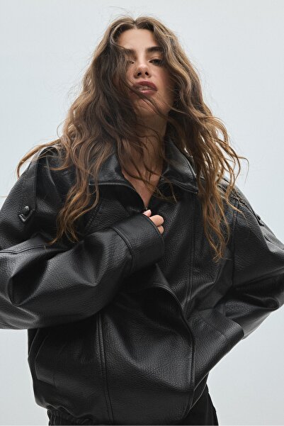 Stradivarius Oversize suni deri biker ceket