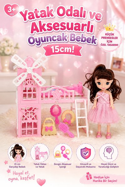 craftivio Yatak Odalı ve Aksesuarlı Oyuncak Bebek Oyun Seti 15 cm Kız Çocuk E...