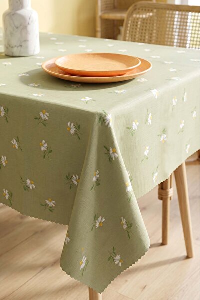 Rivaİstanbul Green Daisy Hassle-Free & Easy-Clean Ruffled Tablecloth 145X200 cm