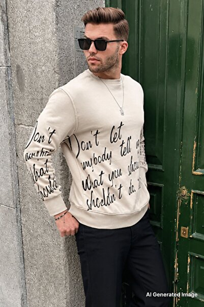 Madmext Beige Printed Crew Neck Sweatshirt 6156