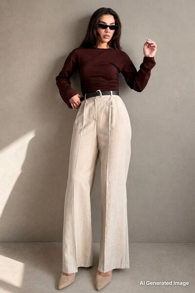 Madmext Mink High Waist Pleated Belted Wide Leg Women's Trousers Mg2615