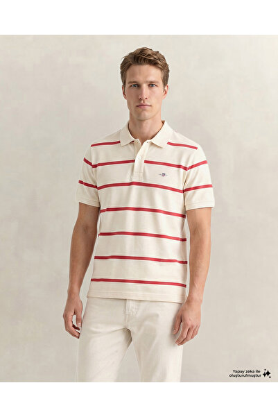 Gant Erkek Krem Regular Fit Çizgili Logolu Polo Yaka T-Shirt