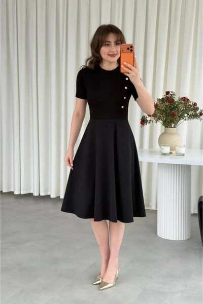 Generic Brand Women's Short Sleeve Crew Neck Gold Button Detail Midi Dress