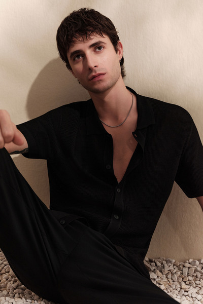 Avva Men's Black Polo Neck Button-Front Regular Fit Knitwear T-Shirt A61Y5017