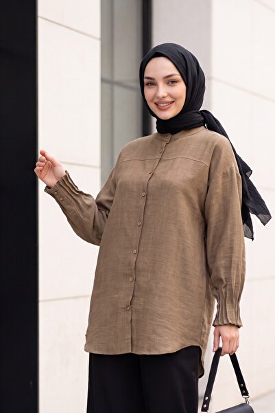 Modamorfo Sleeve Cuff Draped Oval Cut Shirt - Light Brown