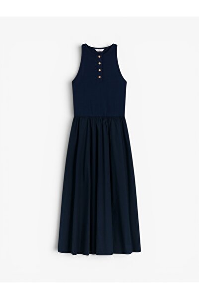 Tommy Hilfiger GOLD BUTTON POPLIN MIX DRESS Kadın Mavi Elbise - WW0WW49628