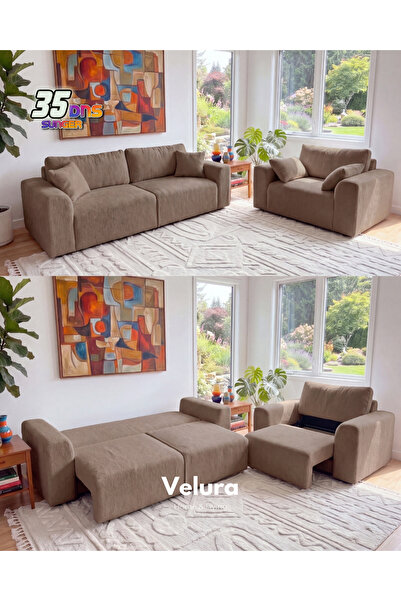 Velura Home & Living Sora 3+1 Yataklı ve Sandıklı Koltuk Takımı - Kahve