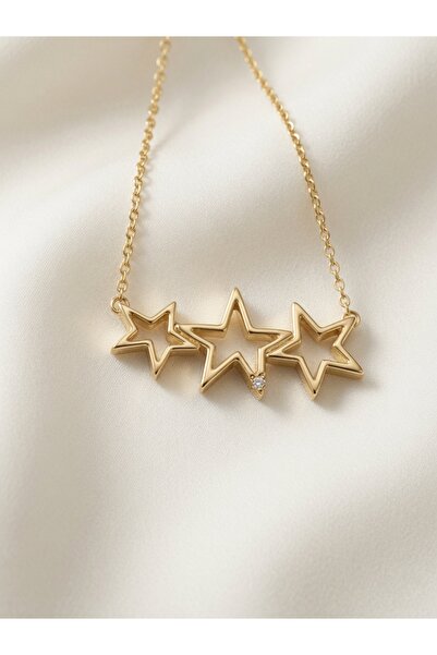 AlminaMia Three Star Detailed Minimal Necklace – Gold Color Plated over Brass...