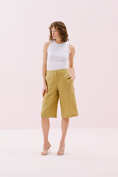 Roman Geniş Paça Keten Bermuda Pantolon Olive Y2512044_027