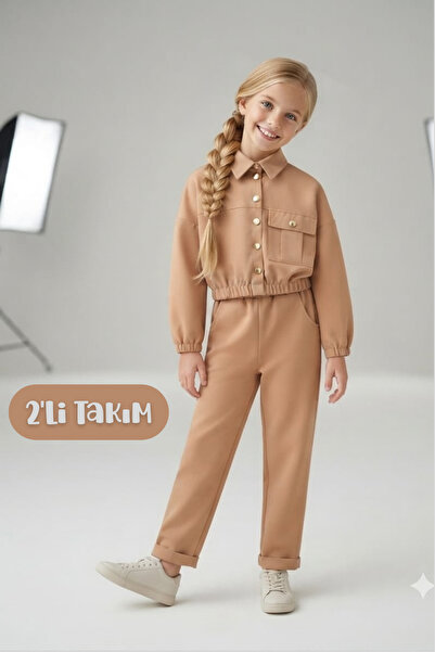 Hilal Akıncı Kids Girl's Gold Button Detailed Double Fabric Long Sleeve Blous...