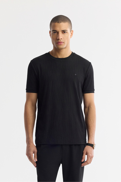 Avva Men's Black Crew Neck Jacquard Elastane Regular Fit T-Shirt A51Y1035