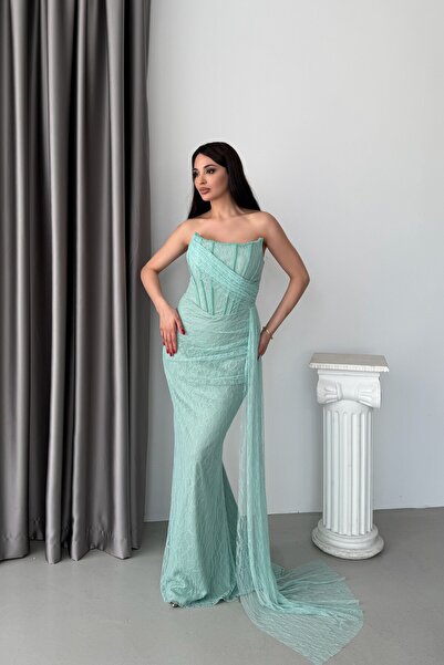 Serica Moda Mint Straplez Dantel Eldivenli Drapeli Uzun Abiye Elbise