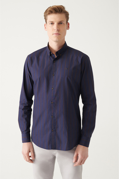 Avva Men's Navy Blue Poplin 100% Cotton Striped Shirt A31Y2002