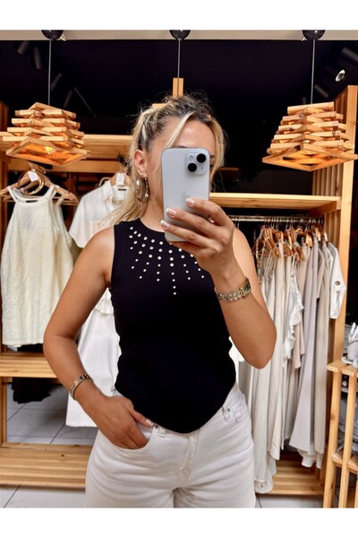 Gözde Tasarım Butik Women's Black Color Halter Cutout Sleeveless Premium Ston...