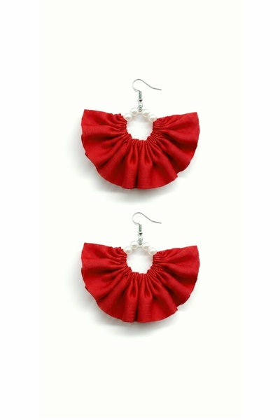 maia Women's Silver Color Hoop Dangle Earrings – Red Fabric Pearl Design