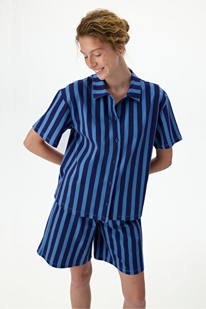 Penti Navy Blue Midnight Striped Short Sleeve Shirt Shorts Pajama Set