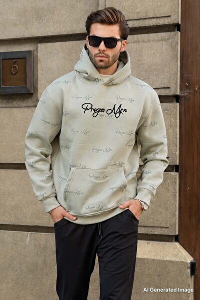 Madmext Green Printed Hooded Men's Sweatshirt with Pocket Detail 7075