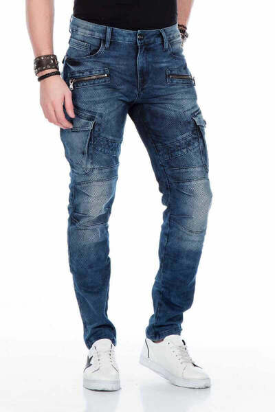 Generic Brand Men's Blue Live Fast Biker Style Cargo Jeans