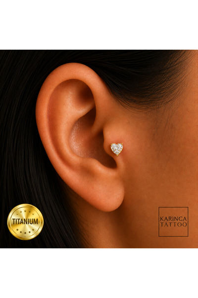Karınca Piercing Kalp Taşlı Gold Altın Rengi Titanyum Piercing Forward Helix Flat Conch Kulak Memesi Tragus Küpe
