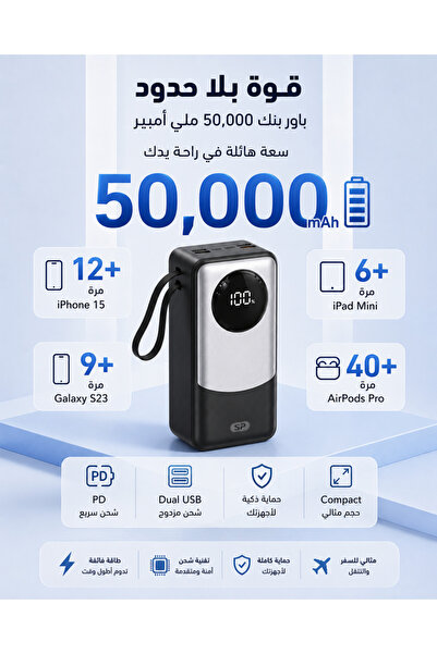 SP 50000mAh Power Bank with 22.5W PD, 4 USB Ports, 2 PD Ports, and Display