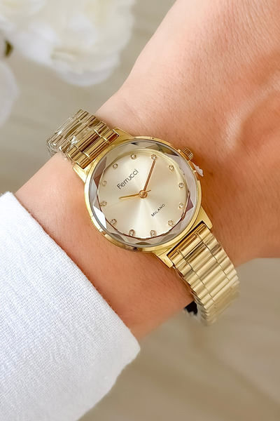 Ferrucci Stylish Gold Color Women's Wristwatch with Cut Glass